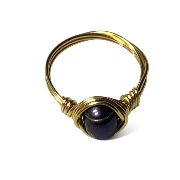 Handcrafted Wire-Wrapped Black Pearl Ring In Gold-Tone Copper Wire Size 7.5 - Picture 3 of 5